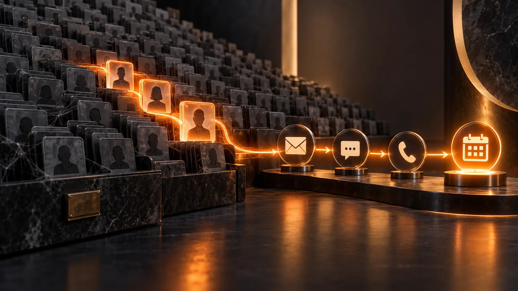Contactos guardados y olvidados que se reactivan y avanzan hacia mensaje, llamada y calendario
