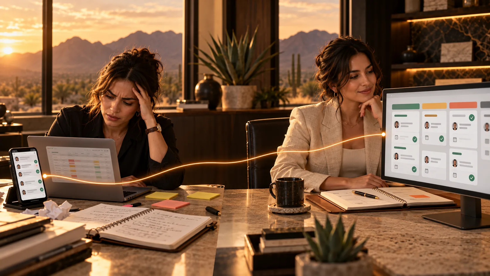 Comparación antes y después de ordenar conversaciones y oportunidades en un CRM