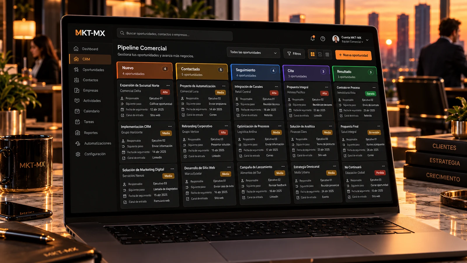 Representación visual de un CRM con etapas de nuevo contacto, seguimiento y cita