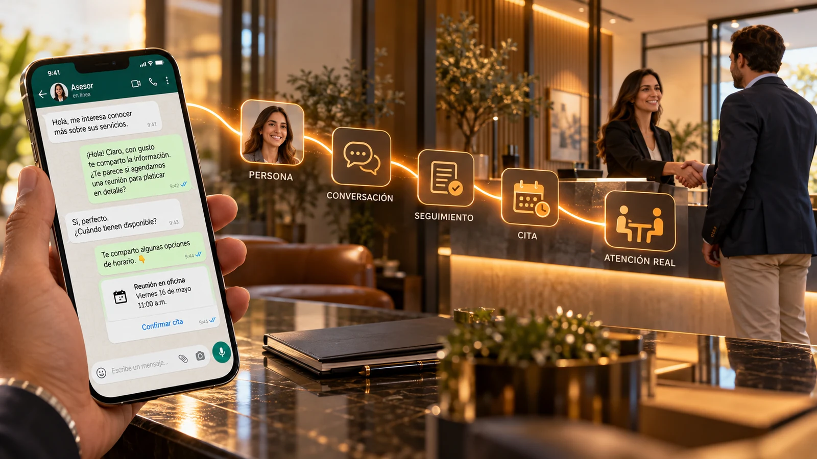 Conversación de WhatsApp que avanza por seguimiento y cita hasta una atención real en persona