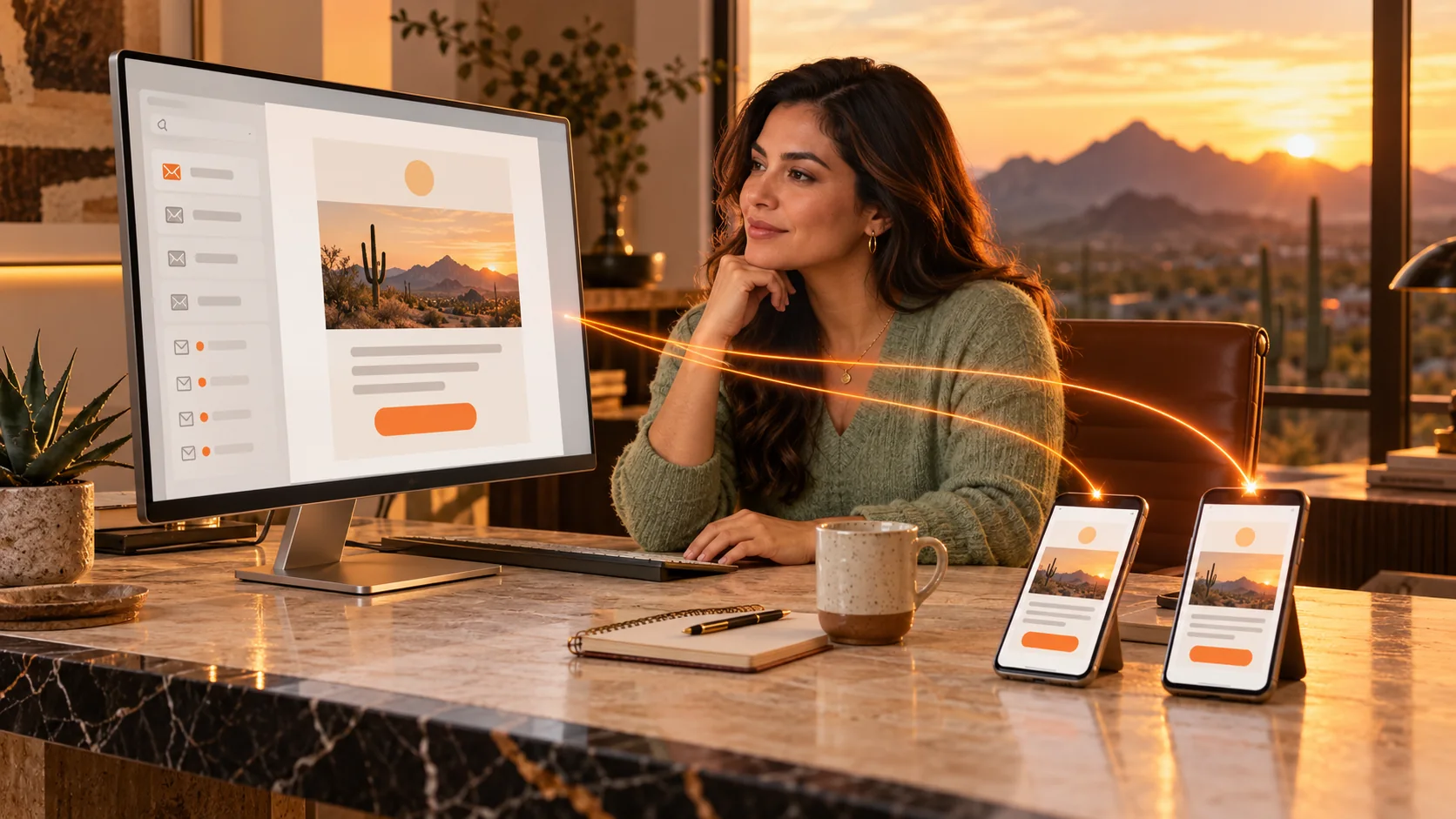 Especialista que revisa una campaña de correo bien diseñada antes de enviarla a los celulares de los clientes