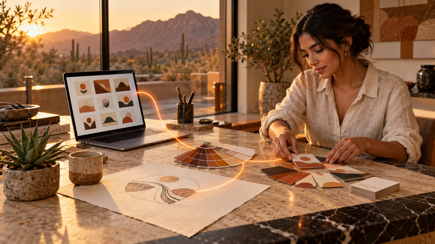 Mesa de diseño donde nace la identidad de una marca: logotipo, paleta de colores y tarjetas conectados por un hilo de luz naranja